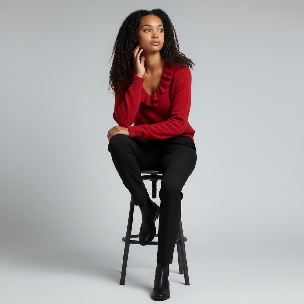 Marina Luna Red Ruffle V Neck Angora and Lambswool Sweater Medium Romantic